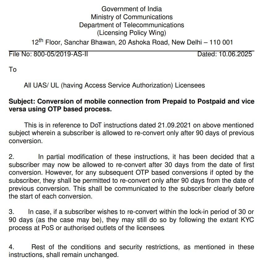 Prepaid to Postpaid DoT Rule June 2025 2